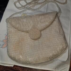 Lovely pearl white beaded purse, made in Macau